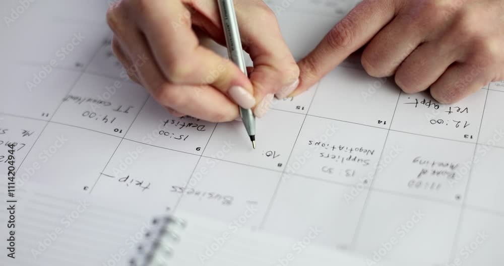 An individual diligently writing on a calendar to effectively manage their daily schedule and appointments An individual diligently writing on a calendar to effectively manage their daily schedule and appointments