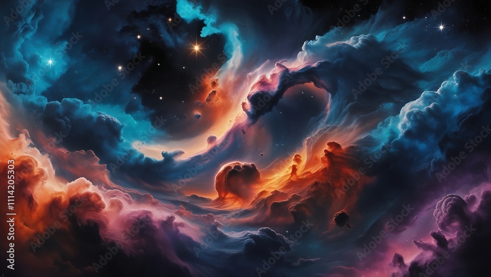 Vibrant digital cosmic scene featuring swirling nebula clouds with a glowing center transitioning from deep blues to fiery reds, enhanced by scattered stars and depth. Vibrant digital cosmic scene featuring swirling nebula clouds with a glowing center transitioning from deep blues to fiery reds, enhanced by scattered stars and depth.