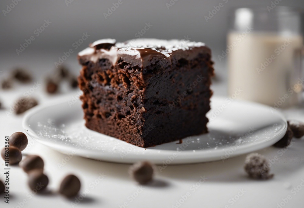 Delicious chocolate cake slice on a white plate Delicious chocolate cake slice on a white plate