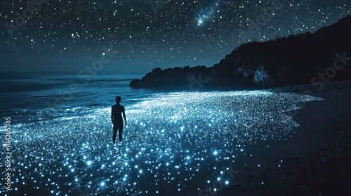 A surreal scene where the ocean is filled with stars instead of water.