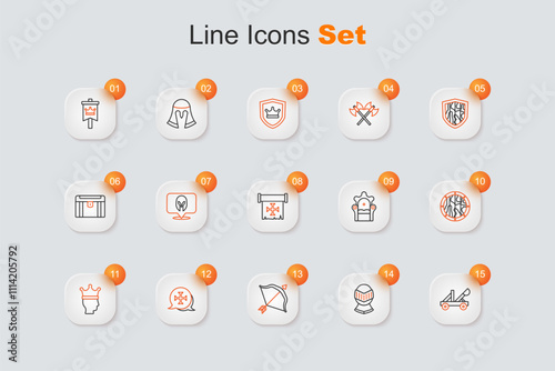 Set line Medieval catapult, helmet, bow and arrow, Crusade, King crown, Round wooden shield, throne and icon. Vector