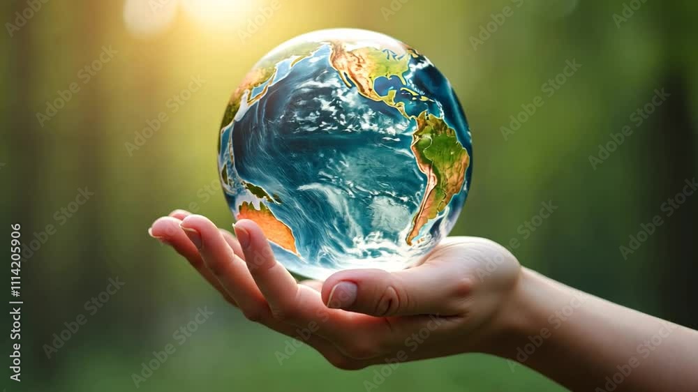A model globe in hand is rotating on bokeh background