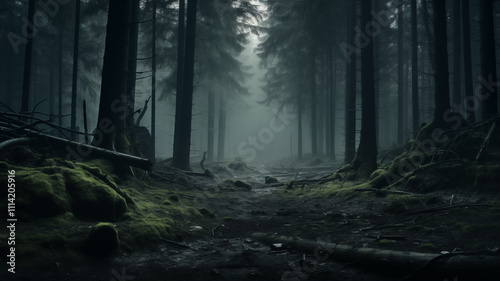 Misty Fog-Covered Woods with Mysterious Atmosphere, Perfect for Nature Themes, Fantasy Concepts, Environmental Content, Meditation Backdrops, and Spooky Seasonal Promotions photo