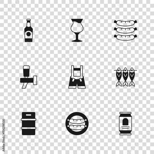 Set Sausage, Dried fish, Beer can, Lederhosen, bottle, Glass of beer and tap icon. Vector