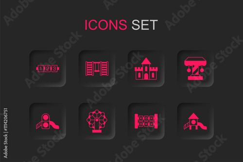 Set Ferris wheel, Swedish wall, Education logic game, Attraction carousel, Slide playground, Sand castle and icon. Vector