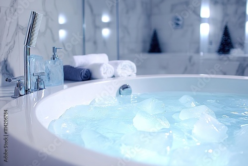 Luxurious bubble bath setup with ice and serene ambiance photo