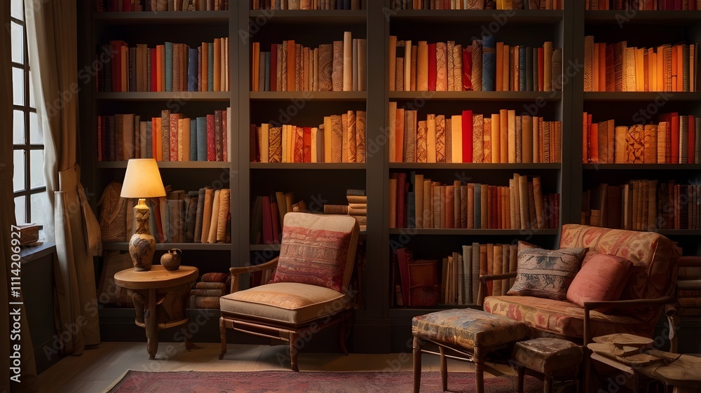 A bookshelf filled with traditional fabrics from various cultures A bookshelf filled with traditional fabrics from various cultures