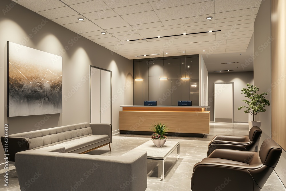 Modern office lobby with elegant design and clean lines Modern office lobby with elegant design and clean lines