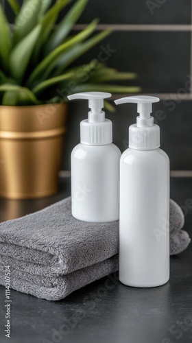 Minimalist bathroom displays stacked towels, shampoo bottles, a soap bar, and a green plant against a white brick wall