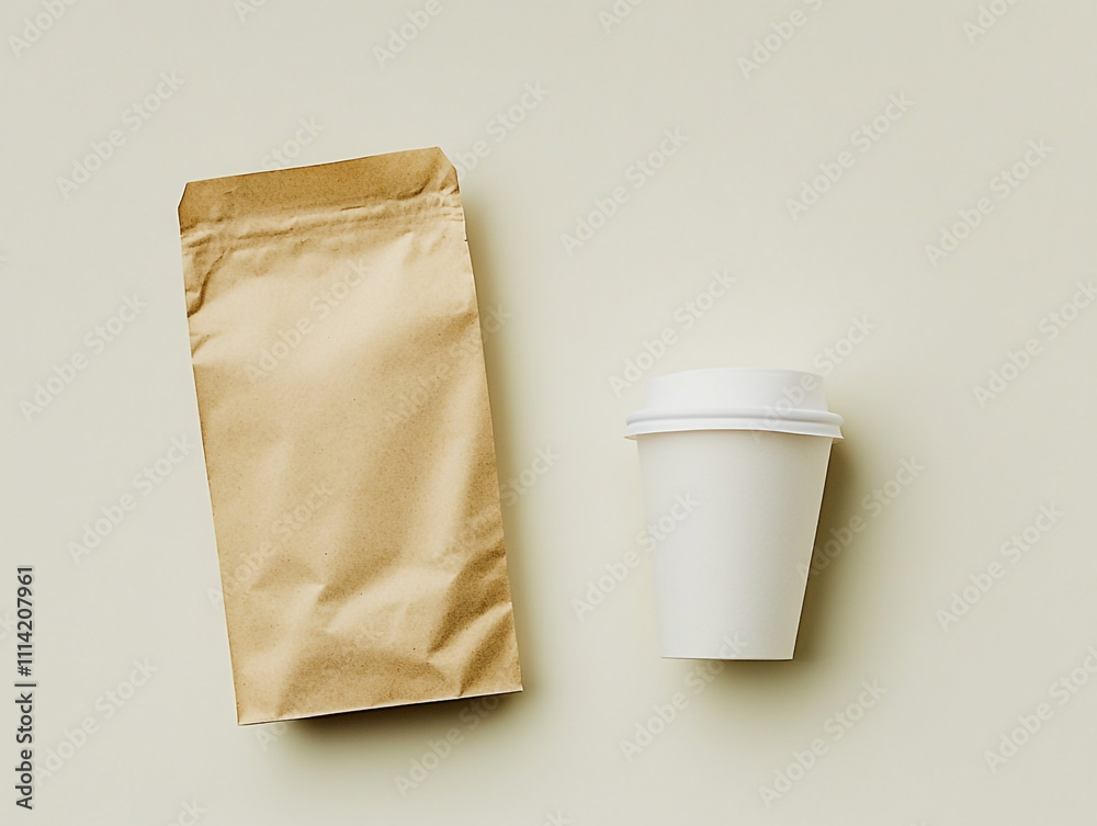 A white coffee cup sits next to a brown paper bag. The bag is unopened and the cup is empty. A white coffee cup sits next to a brown paper bag. The bag is unopened and the cup is empty.