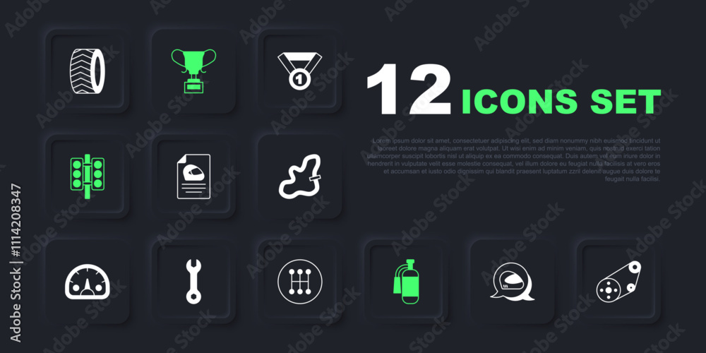 Set Racing helmet, Timing belt kit, Fire extinguisher, traffic light, Wrench spanner, Award cup and Gear shifter icon. Vector Set Racing helmet, Timing belt kit, Fire extinguisher, traffic light, Wrench spanner, Award cup and Gear shifter icon. Vector