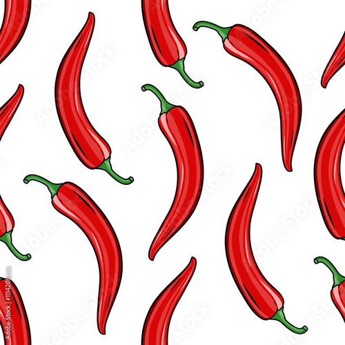 Vector seamless pattern with red chili peppers on a white background. Square seamless illustration with hot peppers. Chile wallpaper. Decorative background with vegetables.