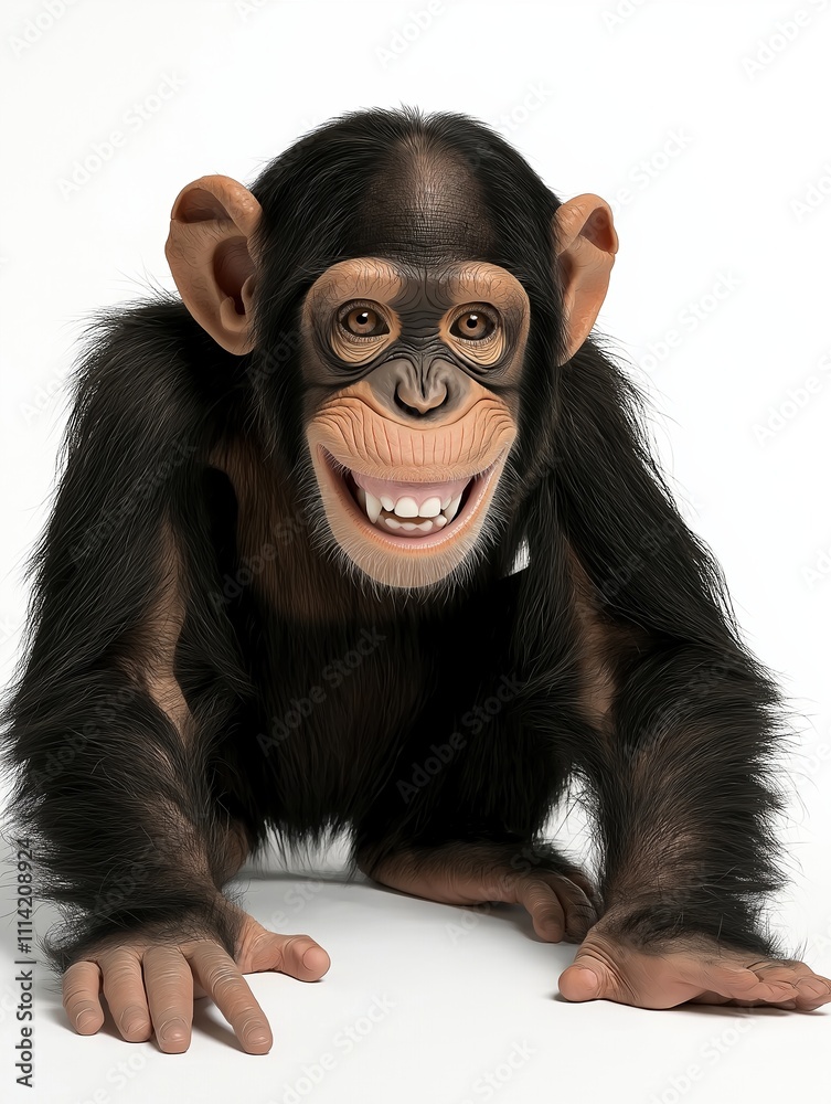 Fototapeta premium Bright studio portrait of a playful baby chimpanzee with joyful expression