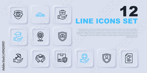 Set line Life insurance with shield, Marriage contract, Location, Lifebuoy hand, Education grant, Flood car and Delivery security icon. Vector