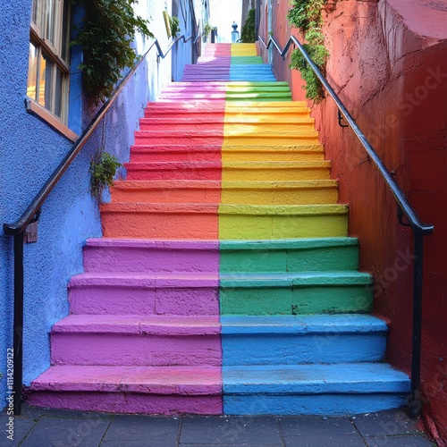 A vibrant staircase painted in rainbow colors, symbolizing inclusivity and diversity. photo