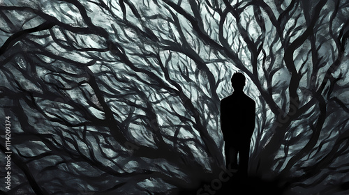 Silhouetted figure consumed by shadows, manifesting deep emotional despair. Solitude. Illustration