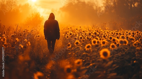 Person Walkthrough a Field of Giant Glowing Flowers