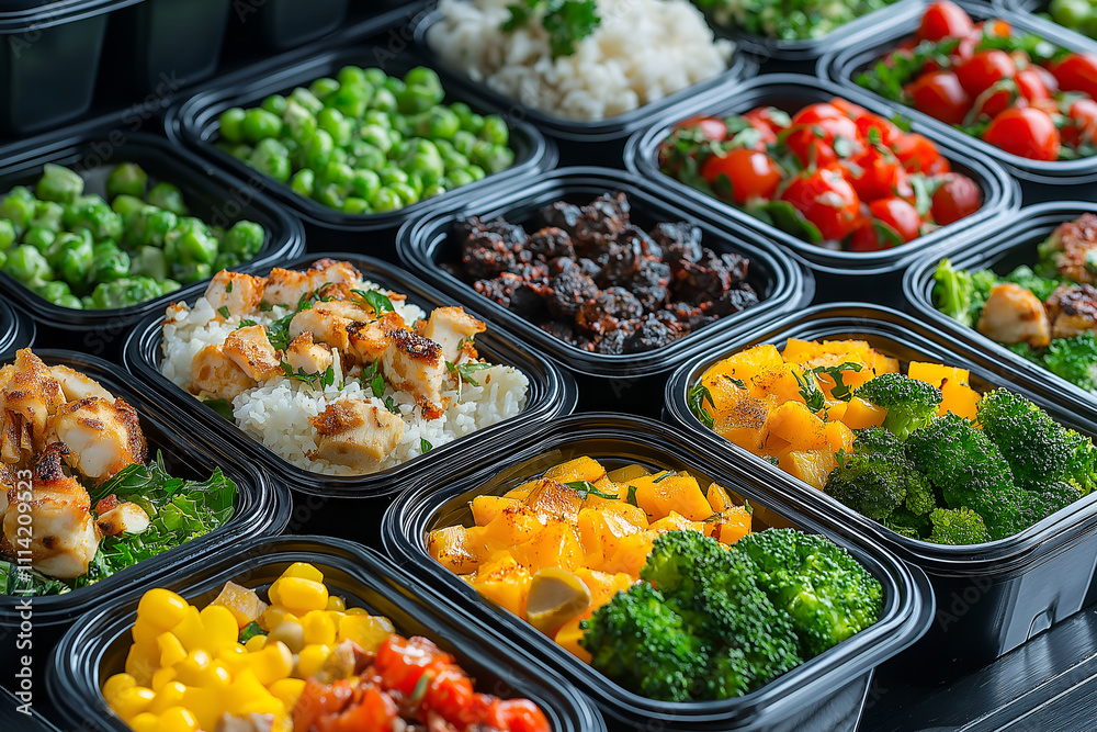Array of meal prep containers with healthy ingredients, appealing to readers interested in balanced, portioned meals, Food photography Array of meal prep containers with healthy ingredients, appealing to readers interested in balanced, portioned meals, Food photography