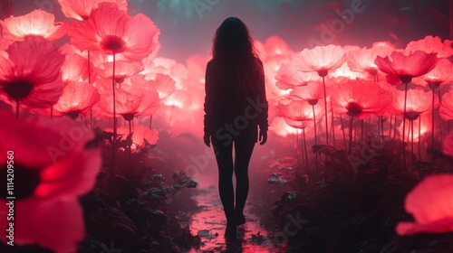 Person Walkthrough a Field of Giant Glowing Flowers