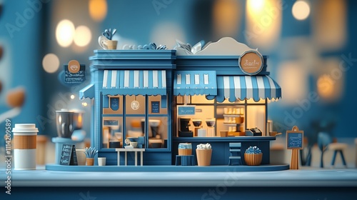 Fototapeta Naklejka Na Ścianę i Meble -  A blue and white store front with a sign that says 