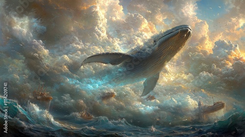 Enormous Whale Swimming through a Cloudy Sky