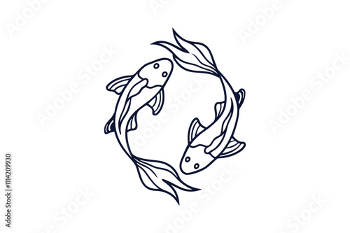 koi fish swimming in a circle vector line art illustration white background