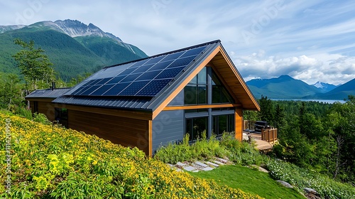 A modern eco-friendly house with solar panels, nestled in lush greenery, surrounded by mountains and a clear sky.