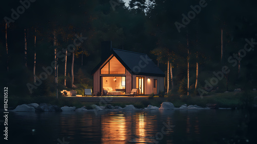 Warm and inviting cabin by a lake at night, dim lights illuminating the interior, unexpected elements adding intrigue to the scene. Solitude. Illustration