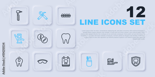 Set line Toothbrush with toothpaste, Dental protection, Toothache painkiller tablet, and, Medical dental chair, Safety goggle glasses, mirror probe and Calendar icon. Vector