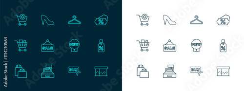 Set line Discount percent tag, Cash register machine, Price with New, Buy button, Hanging sign text Sale, Hanger wardrobe, Add Shopping cart and Woman shoe icon. Vector