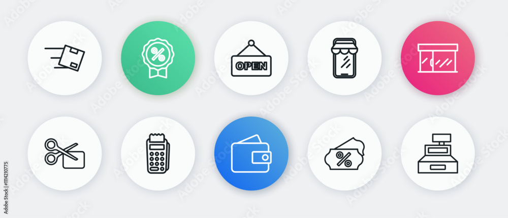 Set line Wallet, Market store, Scissors cuts discount coupon, Discount percent tag, Online shopping phone, Hanging sign with text Open, Cash register machine and POS terminal icon. Vector Set line Wallet, Market store, Scissors cuts discount coupon, Discount percent tag, Online shopping phone, Hanging sign with text Open, Cash register machine and POS terminal icon. Vector