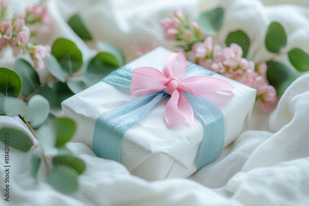 Elegant gift presentation with floral accents cozy indoor setting high-quality photography soft textures and colors Elegant gift presentation with floral accents cozy indoor setting high-quality photography soft textures and colors