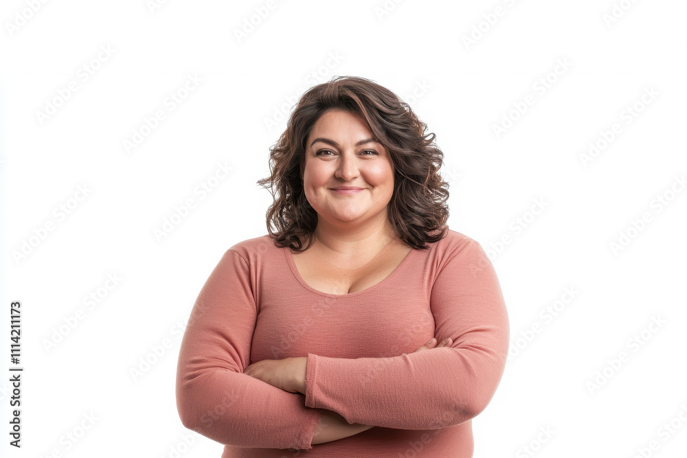 Portrait of happy overweight woman white background Portrait of happy overweight woman white background