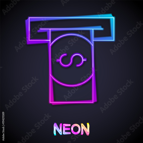 Glowing neon line ATM - Automated teller machine and money icon isolated on black background. Vector