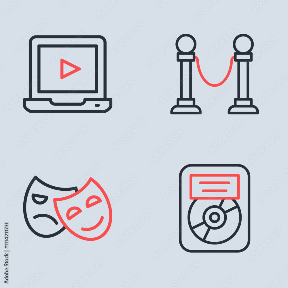 Set line Rope barrier, Comedy and tragedy masks, CD disk award in frame and Online play video icon. Vector Set line Rope barrier, Comedy and tragedy masks, CD disk award in frame and Online play video icon. Vector