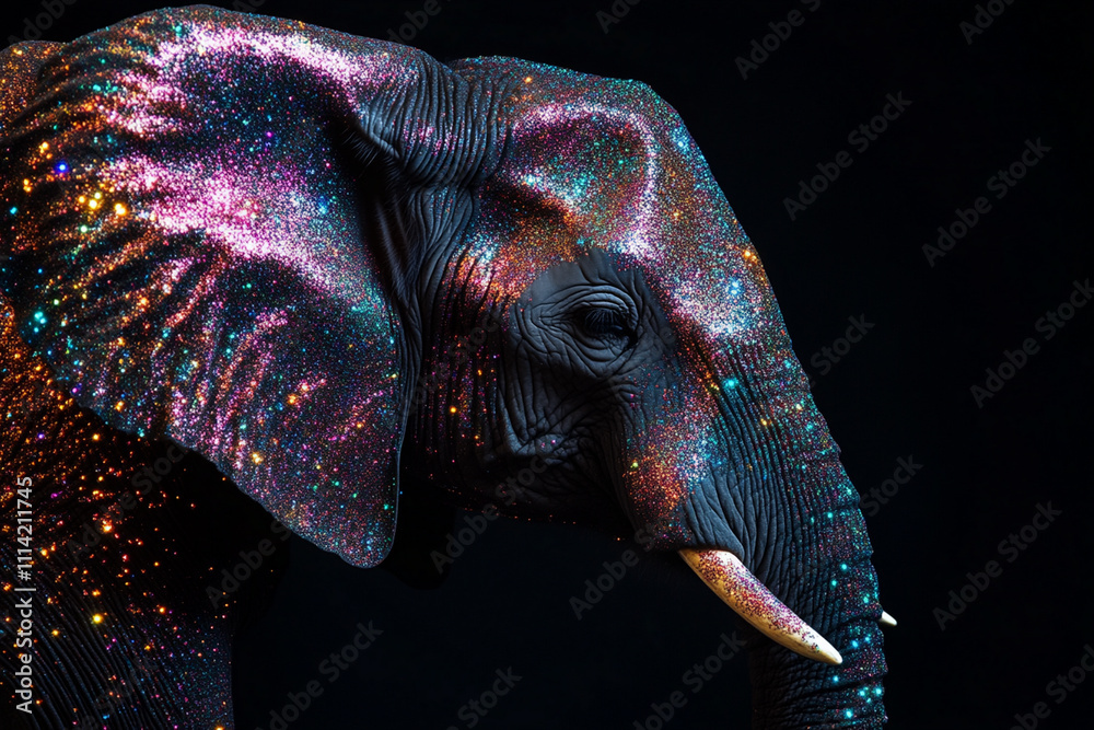 Obraz premium Cosmic Elephant: A majestic African elephant, adorned with vibrant, cosmic-inspired body paint, stands out against a stark black background.