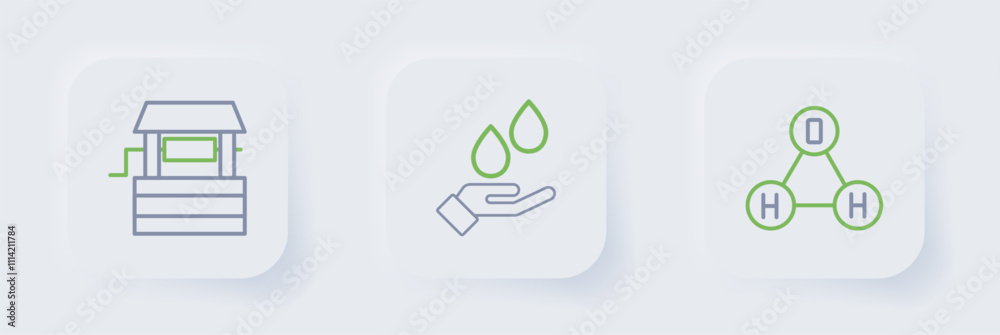 Set line Chemical formula water H2O, Washing hands with soap and Well icon. Vector
