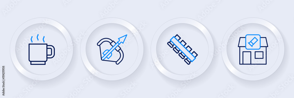 Set line Hunting shop, cartridge belt, Medieval bow and arrow and Coffee cup icon. Vector Set line Hunting shop, cartridge belt, Medieval bow and arrow and Coffee cup icon. Vector