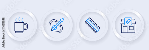 Set line Hunting shop, cartridge belt, Medieval bow and arrow and Coffee cup icon. Vector