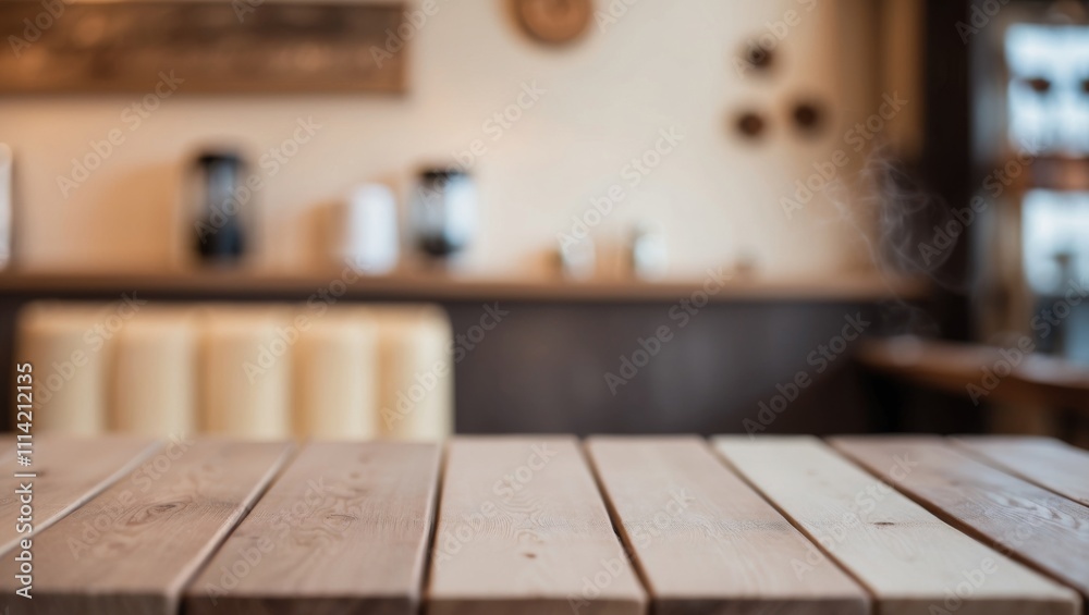 Empty wooden table with coffee shop theme in background.