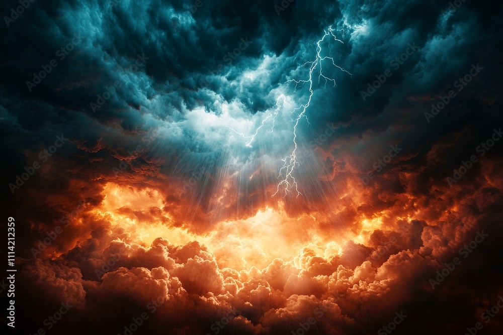Epic stormy sky with dramatic clouds illuminated by lightning and radiant divine light breaking through