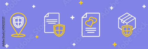 Set line Delivery security with shield, Marriage contract, Contract and Location icon. Vector