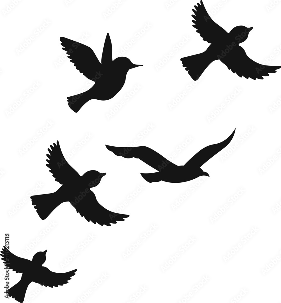 Obraz premium Flying birds silhouette flock. hand drawing. Not AI, Vector illustration