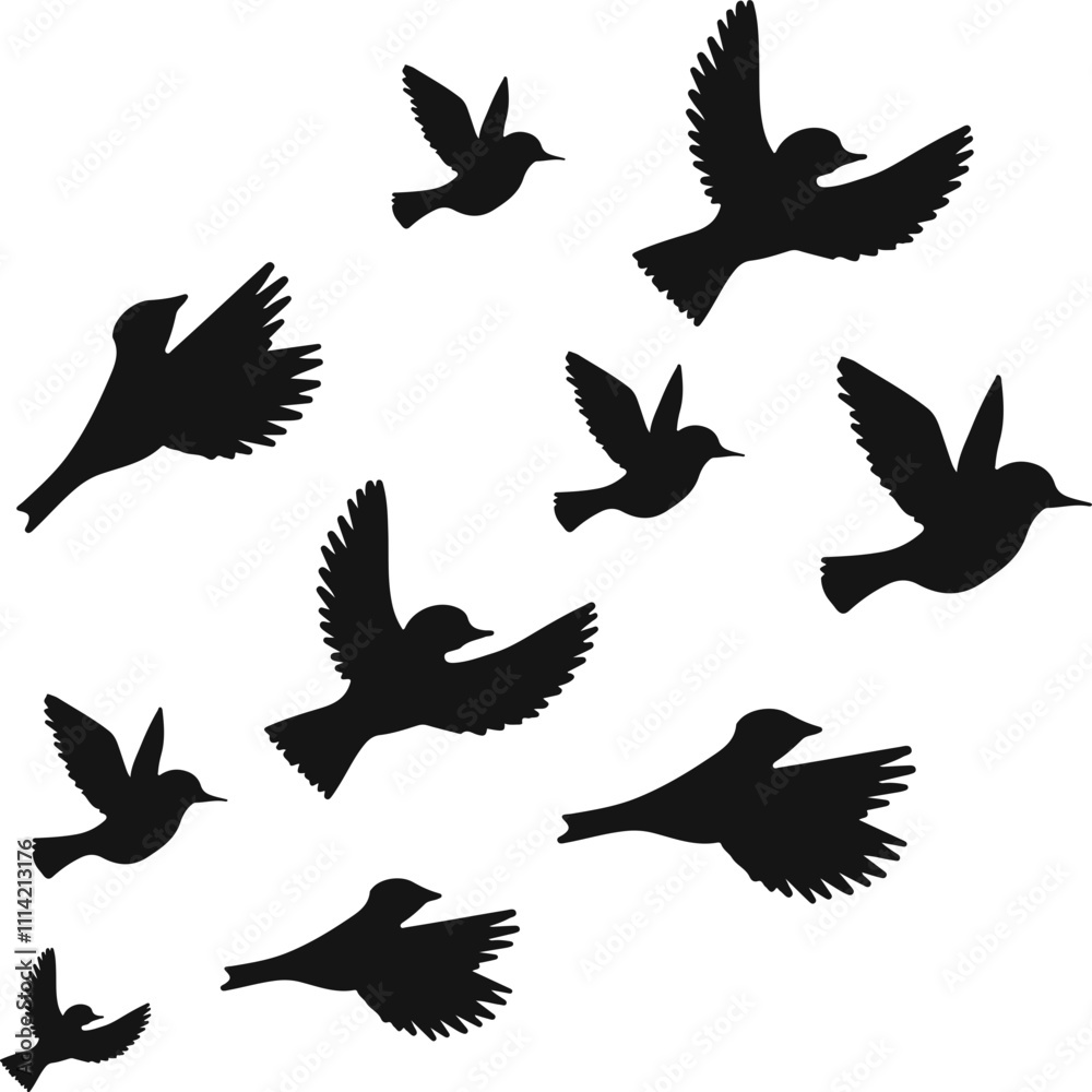 Obraz premium Flying birds silhouette flock. hand drawing. Not AI, Vector illustration
