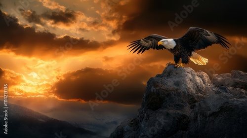 Majestic bald eagle spreading its wings on a rocky cliff at sunset under dramatic golden clouds photo