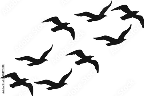 Flying birds silhouette flock. hand drawing. Not AI, Vector illustration