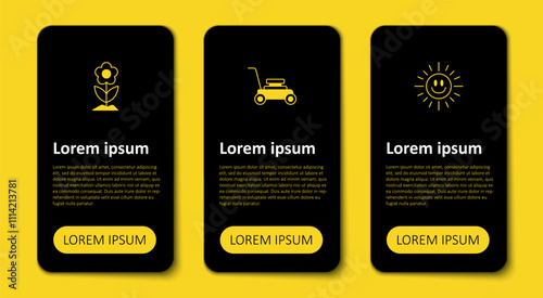 Set Sun, Lawn mower and Flower. Business infographic template. Vector