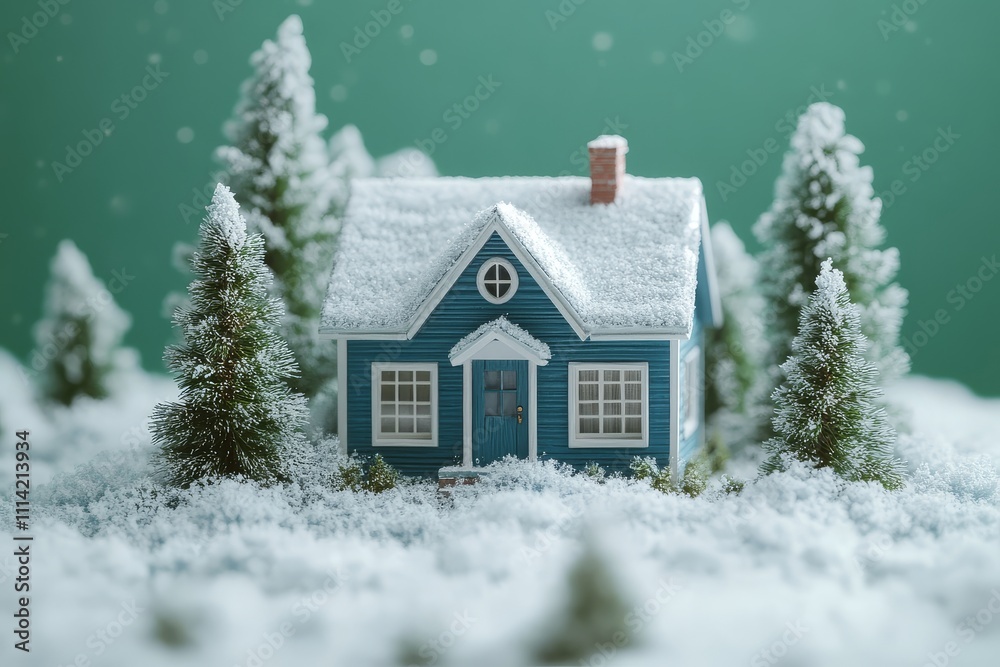 Miniature house with snow on the roof and trees in front, winter scene with green screen background, cute and simple animation, minimalist style, white and light gray colors.
