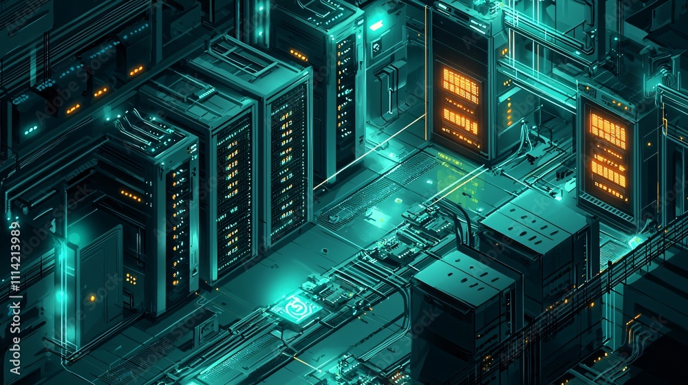 Isometric illustration showcasing a modern data center filled with servers Isometric illustration showcasing a modern data center filled with servers