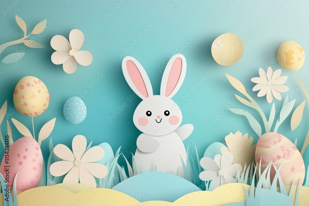 Obraz premium Happy Easter background.Product display mockup, Banner template design.Paper Art Vector illustration. 